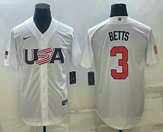 Mens USA Baseball #3 Mookie Betts 2023 White World Baseball Classic Replica Stitched Jersey